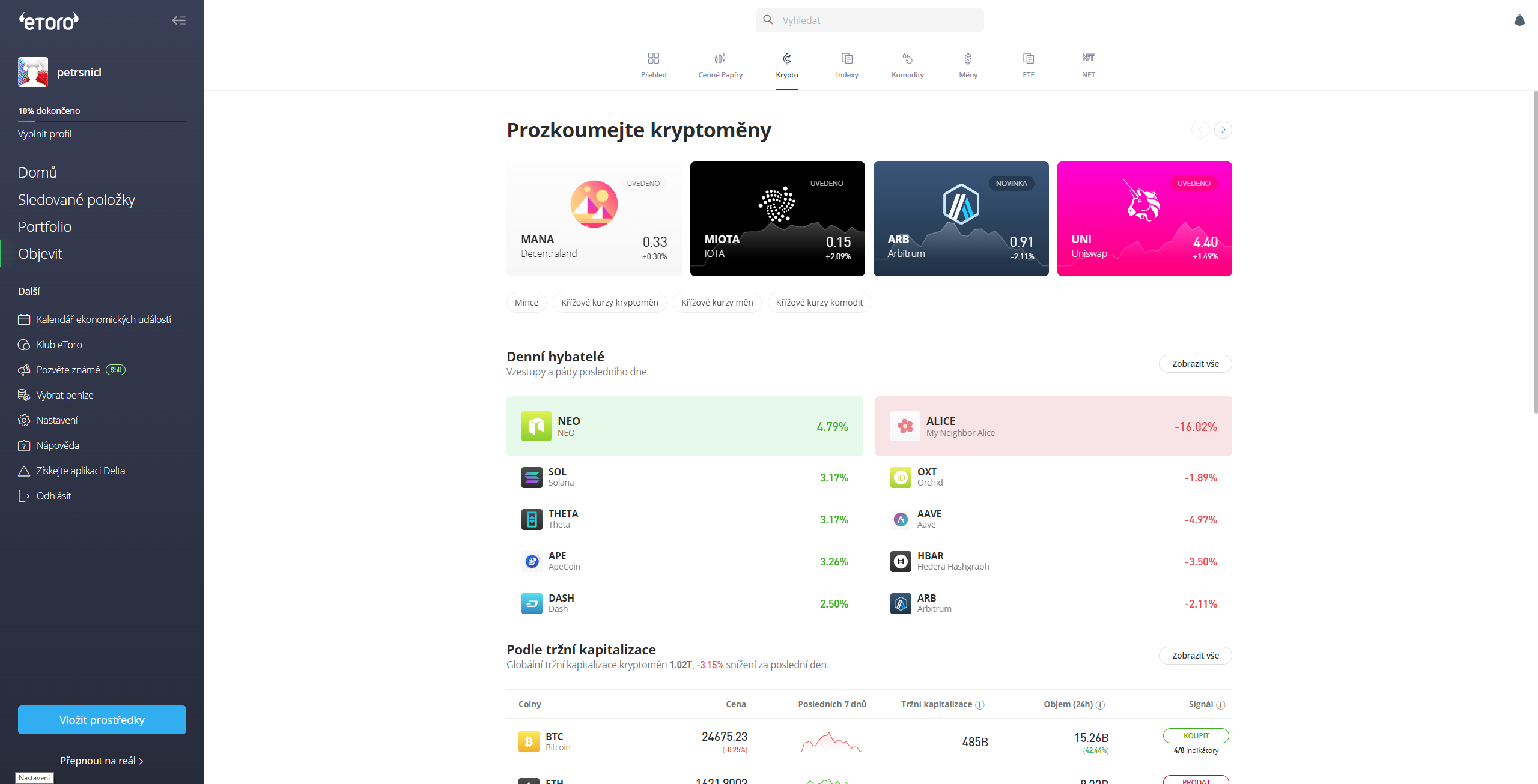 Nákup kryptoměny na platformě eToro