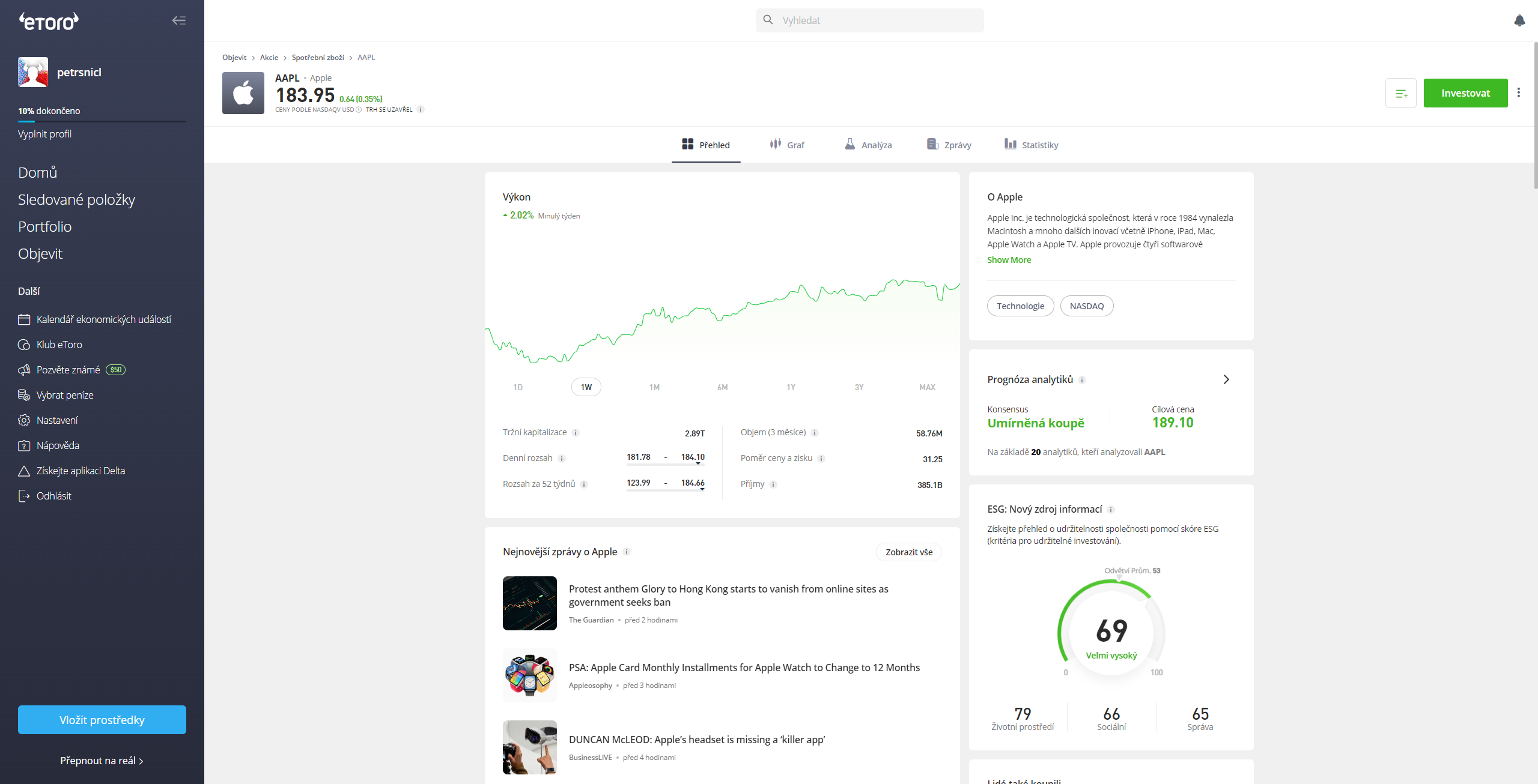 Nákupní okno akcie na platformě eToro